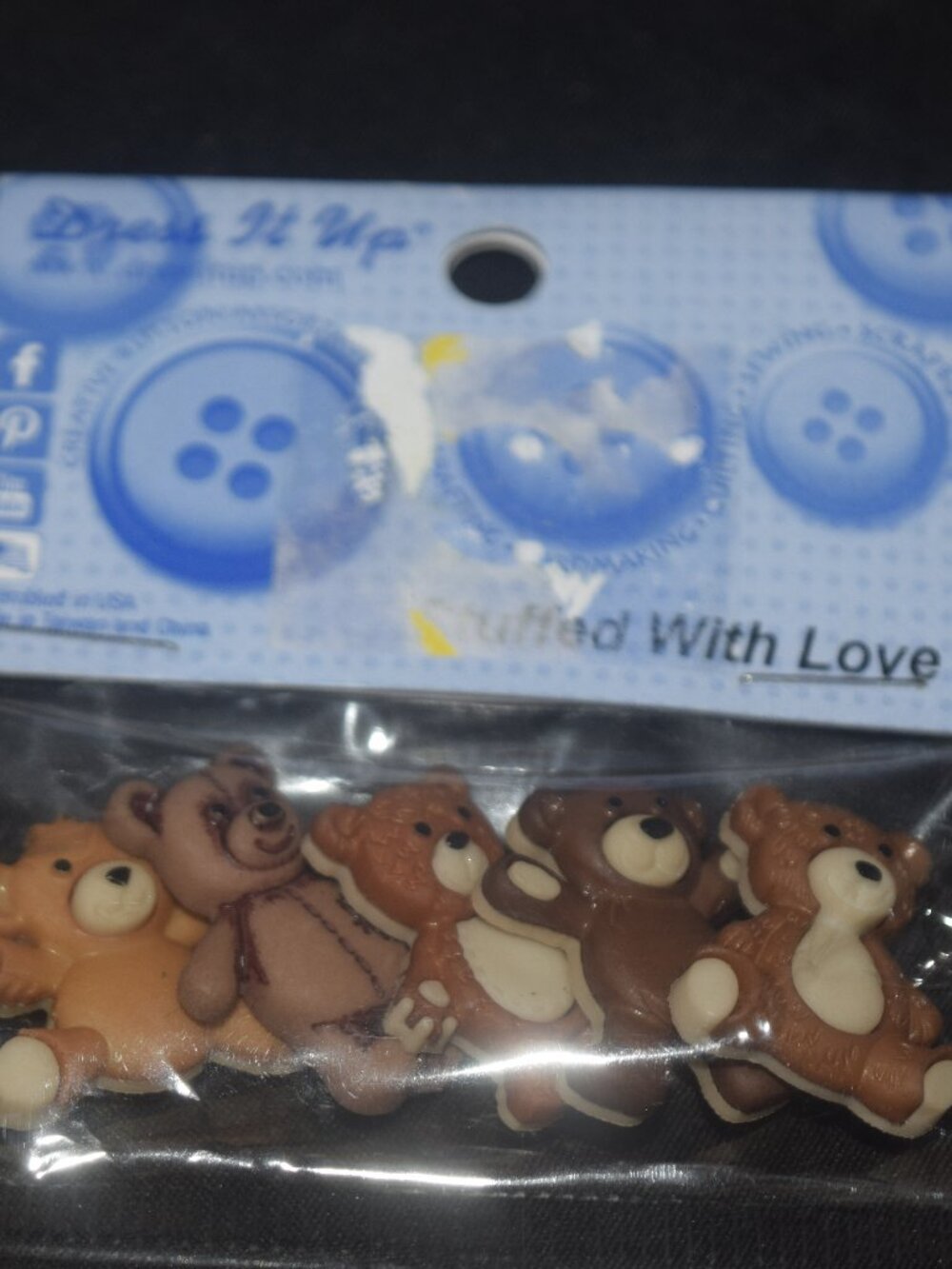 Dress It Up "Stuffed With Love" Teddy Bear Novelty Buttons – 5pc Set – New